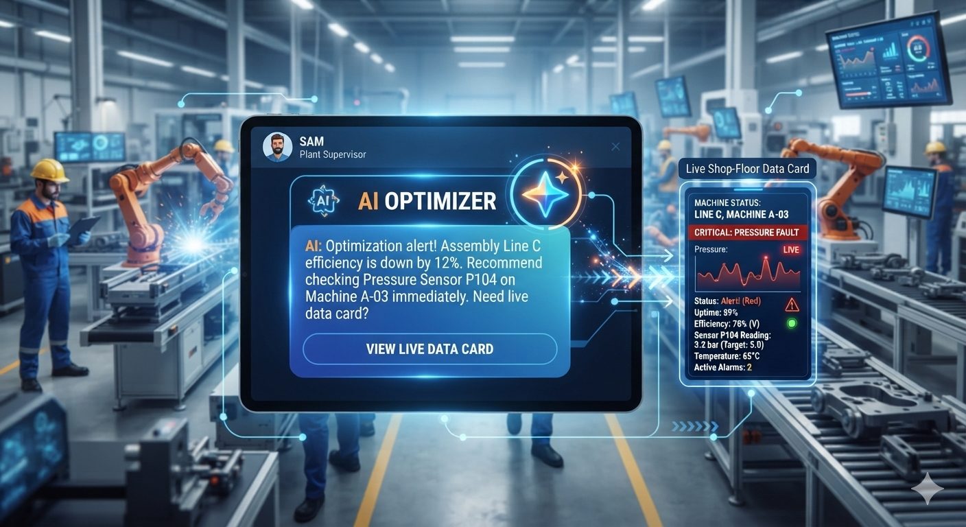 A chat bubble with an AI spark icon connected to a small live shop-floor data card