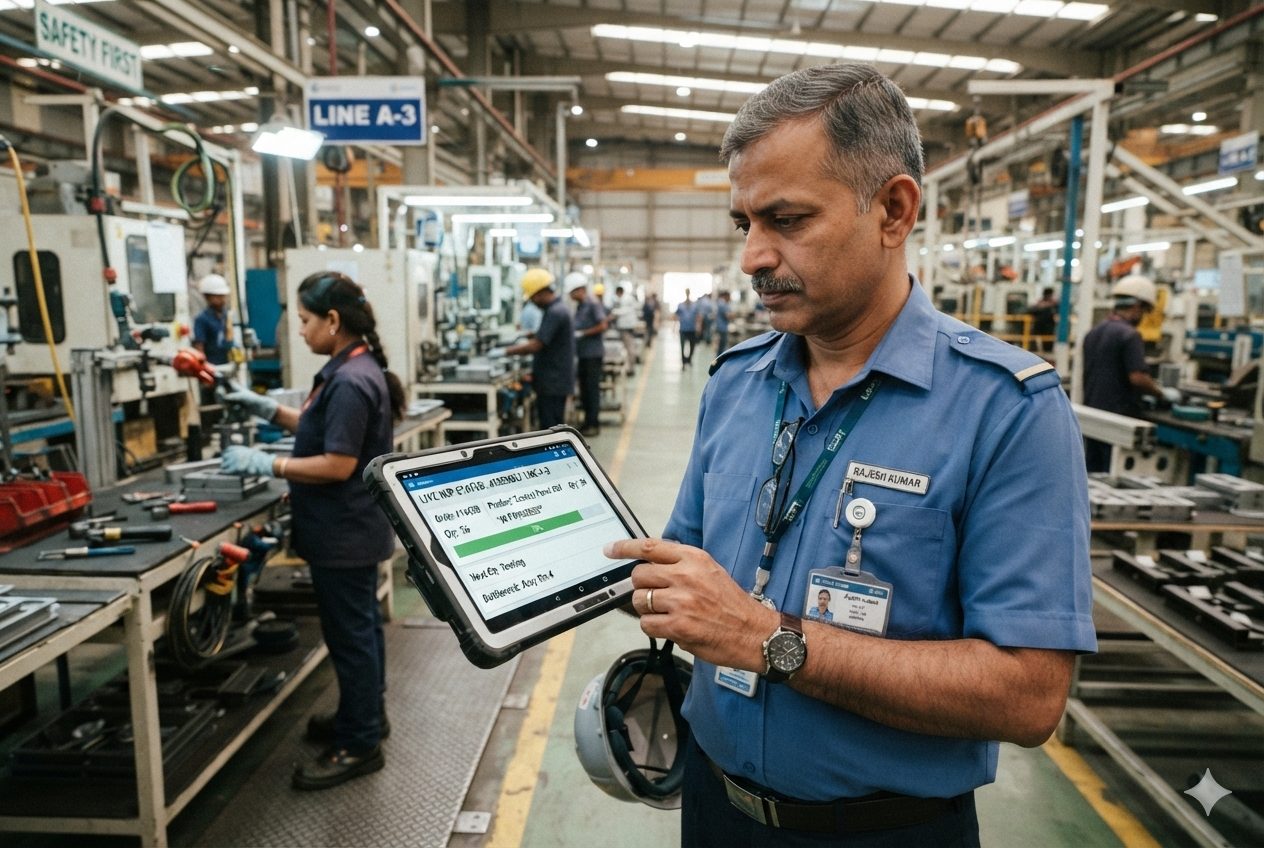 A supervisor viewing a live work-in-progress dashboard on the shop floor