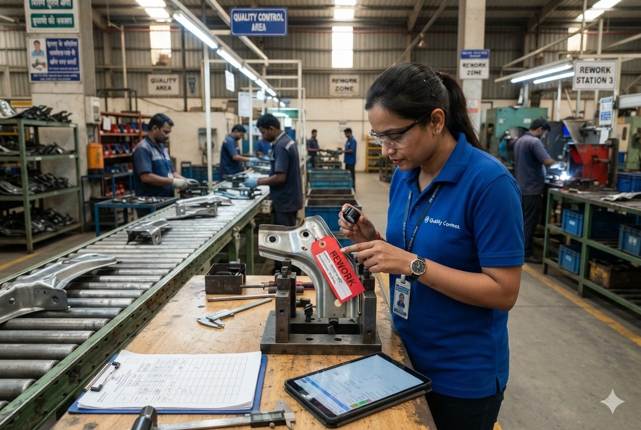 A QA inspector examining a flagged defect before routing it to rework