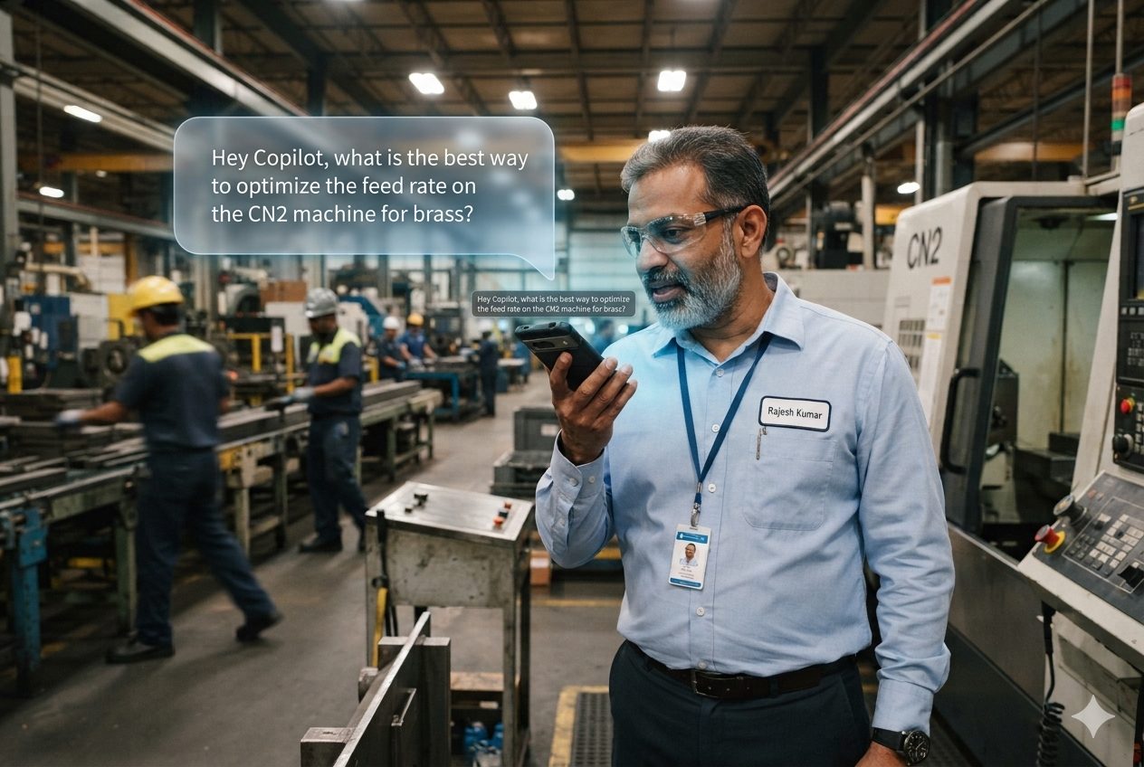 A supervisor asking the shop-floor AI copilot a question on a tablet