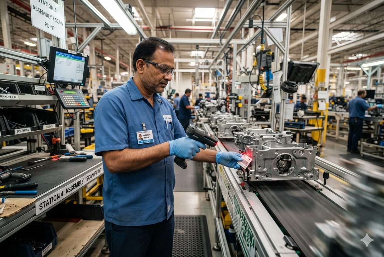 An operator scanning a serialised unit to log its station history