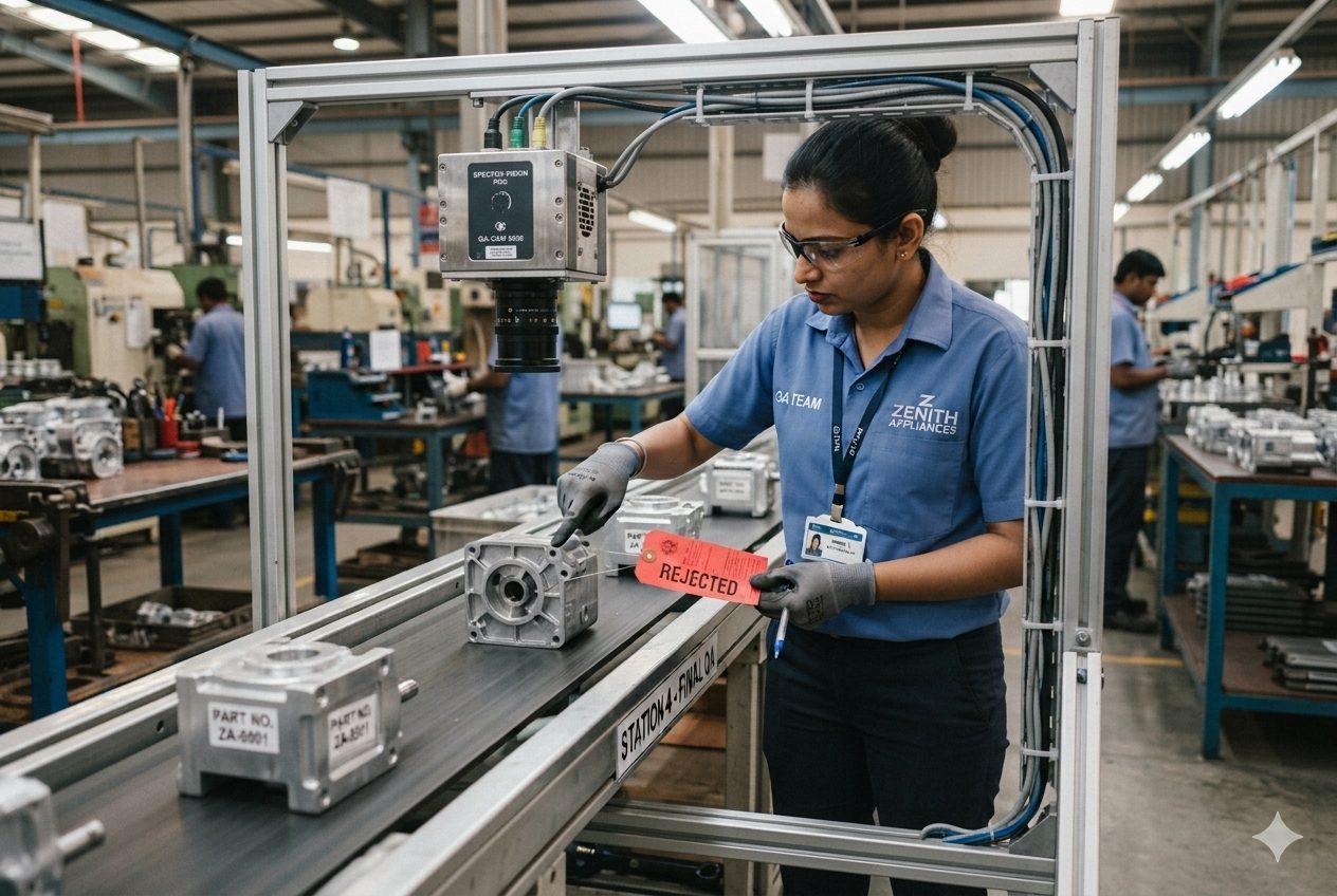 A QA inspector beside a camera performing vision-assisted defect detection