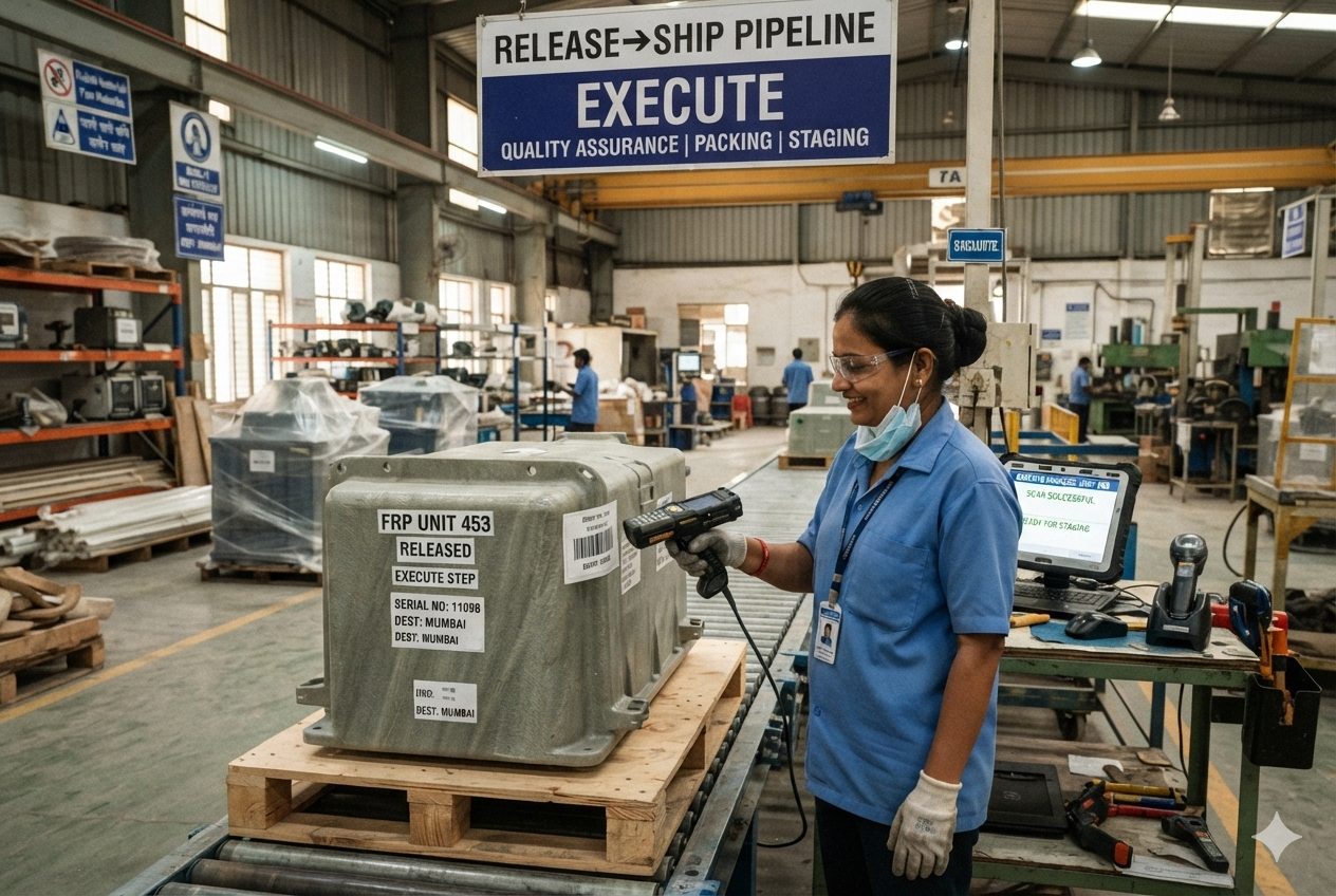 An operator scanning a unit at a station as part of the release-to-shipment execution flow